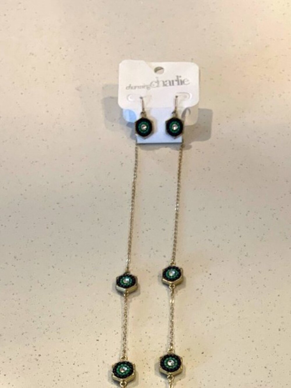 Charming Charlie Gold, Navy, and Turquoise Necklace and Earring Set